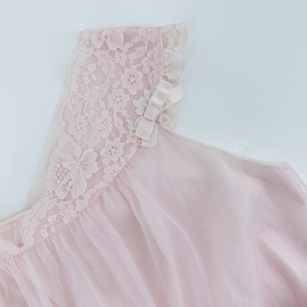 Vintage Vanity Fair Pink Satin Bow Double Nylon Nightgown Womens Size‎ M Lace - Picture 5 of 12